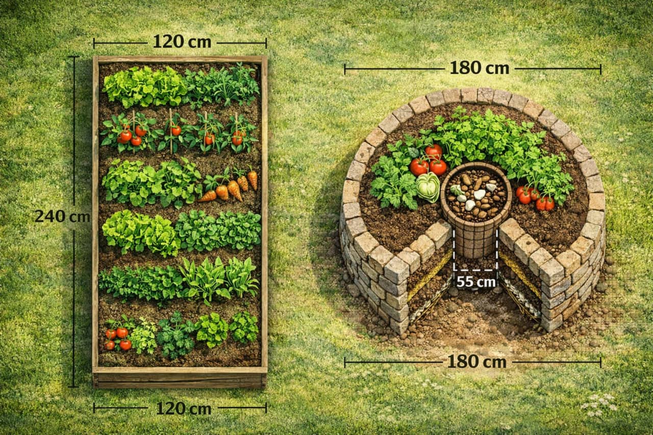 Dikdörtgen raised bed ile dairesel keyhole garden'ın üstten görünümü, ölçüleriyle
